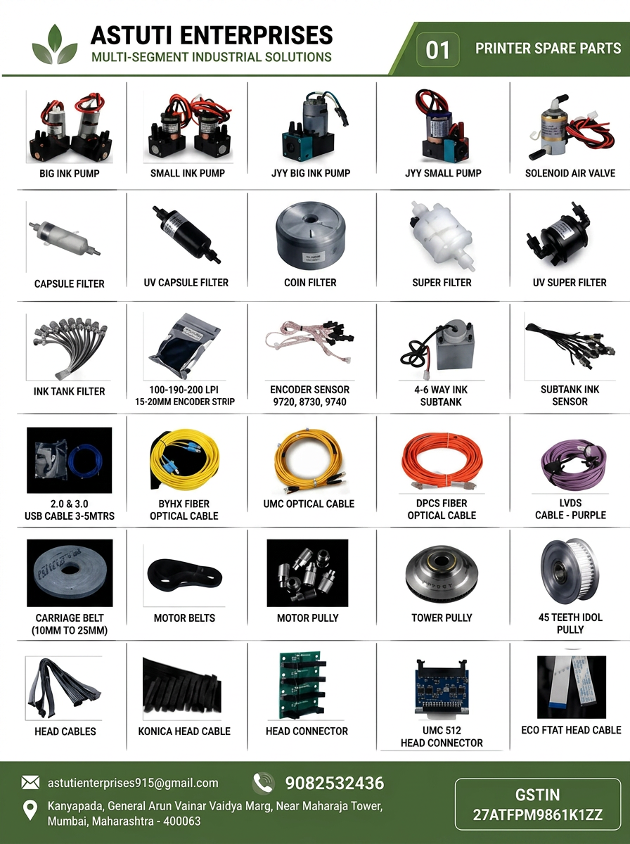 Astuti Enterprises printer spare parts catalogue – pumps, filters, cables, pulleys