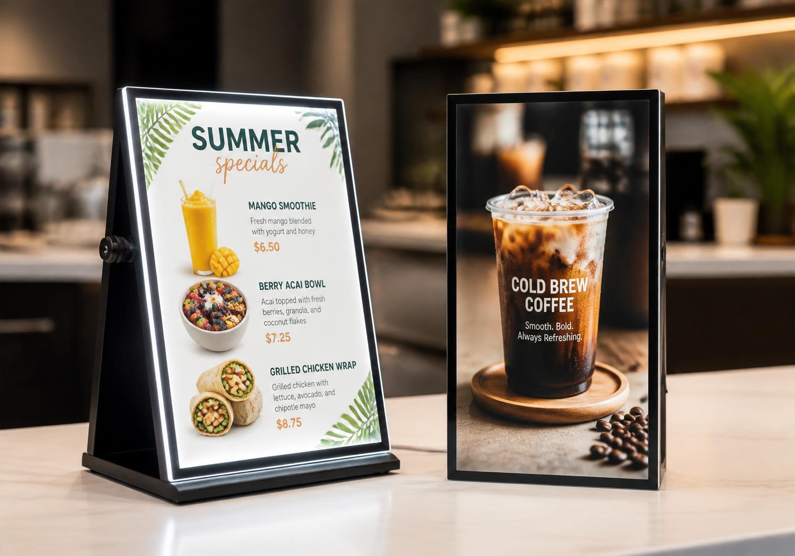 Astuti double-sided LED tabletop display and ultra-slim illuminated LED frame on a retail counter